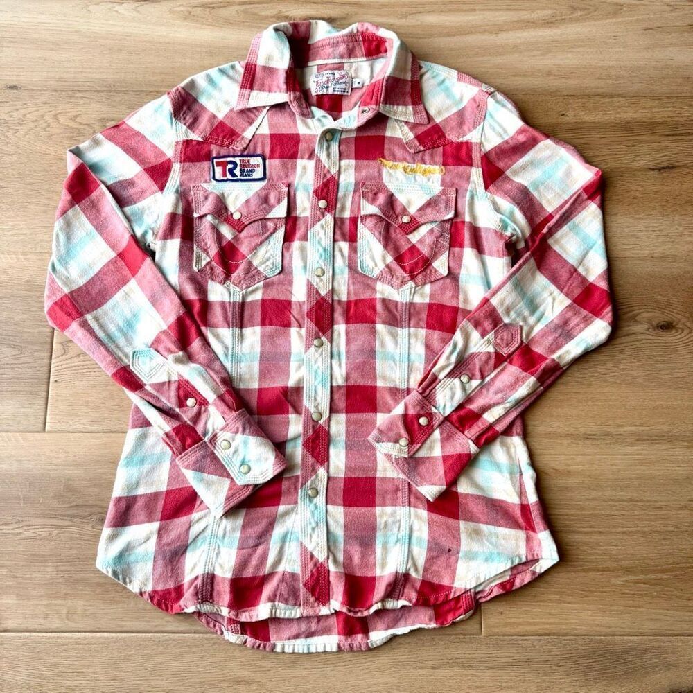 True Religion 56 Rebels Motorcycle Club Pearl Snap Plaid Shirt Red Medium Y2K
